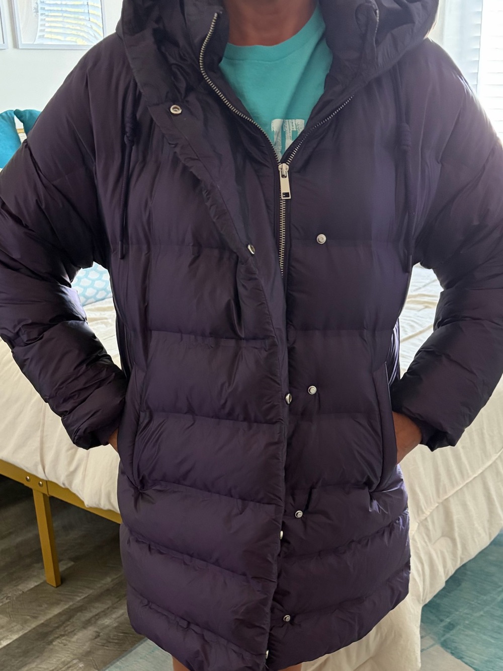 Women's Hooded Long Puffer Coat - Purple